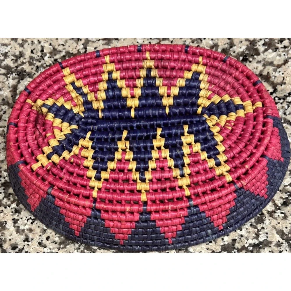 Southwestern/Mexican Jute Coil Weave Basket Colorful Pink Blue Oval 11.5